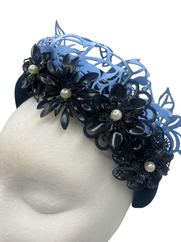 Black velvet headband crown with stunning baby blue laser cut detail.